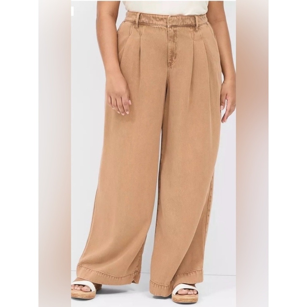 Lane Bryant Pleated Wide Leg Pants Trousers Tan 24 High Rise Cotton Blend